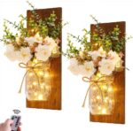 Rustic Wall Sconces Mason Jar Sconces Handmade Wall Art Hanging Design with Remote Control LED Fairy Lights and White Peony, Wall Decor Gift Farmhouse Wall Home Decor Living Room Lights Set of Two - Image 2