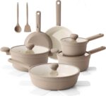 SENSARTE Ceramic Nonstick Pots and Pans Set 17pcs, Healthy Induction Cookware Set, Nontoxic Kitchen Cooking Set with Skillets & Saucepans, Stay-cool Handles, PFAS PTFE PFOA PFOS Free,Taupe - Image 2