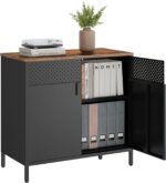 SONGMICS Storage Cabinet, Metal Cabinet, Sideboard with 2 Doors, 15.7 x 31.5 x 29.9 Inches, Magnetic Closure, Adjustable Shelf, Steel Frame, Rustic Brown and Black ULSC102B01 - Image 2