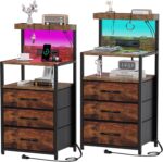 SZLHANJZ Nightstands Set of 2 with Outlet and USB C Port, Bedroom Night Stand with Led Lights and 3 Fabric Drawers, Matching Bedside Tables with Hooks, Vintage Style Storage End Tables, Rustic Brown - Image 2