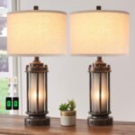 Set of 2 Farmhouse Lamps for Living Room, Rustic Vintage Bedroom Nightstand Table Lamp with 2 USB Charging Ports, Built-In Frosted Glass Night Light for End Table Entryway, 4 Bulbs Included (Bronze) - Image 2