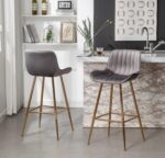 Sidanli Gold Bar Stools Set of 2, 29” Velvet Barstools, Kitchen Chairs for Bar Height with Back and Footrest, Gray - Image 2