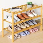 Smiry Bamboo Shoe Rack for Closet, 3 Tier Wooden Shoe Organizer, Stackable 14 Vertical Slats Wood Shoe Storage Shelf for Entryway, One-piece Heavy-Duty Legs, 26.8"x11"x18.3", Natural - Image 2