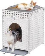 Snughome Cat Litter Box Enclosure Furniture Hidden with Litter Mat, Hidden Washroom Furniture with Door, Handwoven Rattan Cat Washroom Box, Indoor Pet House for Living Room, Bedroom(White) - Image 2