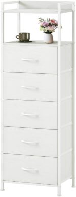 Somdot Tall Dresser for Bedroom, 5 Drawers Nightstand Vertical Storage Tower Unit, Night Stand Furniture with Fabric Drawer Organizer in Bedside Hallway, Entryway, Kids Room, Closet, White Leather - Image 2