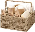 StorageWorks Wicker Silverware Organizer with Handle, Seagrass Kitchen Utensil Holder, Large Utensil Holder for Kitchen Counter, Spoon Forks Knife Cutlery Caddy, Paper Plate Dispenser for Countertop - Image 2
