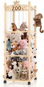 Stuffed Animal Storage Zoo Tower,56In Wooden Large Stuffed Animal Holder Organizer with Wheels,Stuffy Plushies Storage with Elastic Band&Mesh Bottom,Toy Storage Organizers for Playroom Bedroom Nursery - Image 2