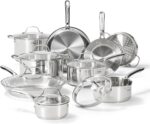 T-fal Gourmet 15-Piece Stainless Steel Cookware Set, Pots and Pans Cooking Set, Dishwasher Safe, Oven Safe to 500°F, Induction Compatible, Stock Pot, Sauce, Saute, Frying Pans, Silver - Image 2