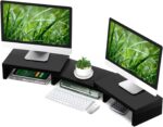 TAVR Dual Monitor Stand Riser Office Desktop Organizer Stand for 2 Monitors, Adjustable Length and Angle 3 Shelf, Extra Long Multifunctional Wooden Stand up to 43.3" fit Computer, Laptop, TV, Black - Image 2