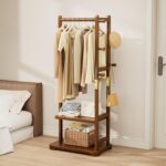 Taitiy Coat Rack Solid Wood Clothes Rack with 2 Shelves & 4 Hooks for Hanging Clothes Garment Wallets Hats, Clothing Rack Coat Rack Freestanding Hall Tree with Storage for Hallway Bedroom Living Room - Image 2