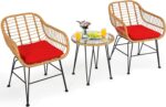 Tangkula 3 Pieces Patio Bistro Set, Rattan Conversation Set with 2 Cushioned Armchairs & Round Glass Coffee Table, Indoor Outdoor Wicker Furniture Set for Balcony, Backyard, Garden, Poolside - Image 2