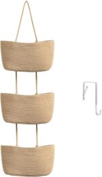 TeoKJ Over the Door Hanging Basket, 3-Tier Woven Cotton Wall-Mounted Storage Organizer Bag Decorative Hanging Nursery Baskets, Jute - Image 2