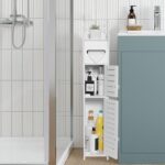 TuoxinEM Storage Cabinet for Small Spaces, Over The Toilet Cabinet for Skinny Bathroom Storage Corner Floor, Slim Paper Holder with 2 Doors & Shelves (White) - Image 2