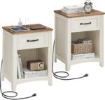 VASAGLE LIRY Collection - Farmhouse Nightstands with Charging Station, Set of 2 Bedside Tables, Side Tables with Drawer, Open Compartment, for Bedroom, Rustic White and Honey Brown ULET859K41 - Image 2