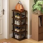 Vertical Shoe Rack - Tall Narrow Shoe Rack Organizer for Small Spaces,5 Tier Bamboo Shoen Shelf for Entryway,Closet,Corner,Doorway,Skinny Shoe Shelf Space Saving Shoe Storage,Free Stackable DIY - Image 2