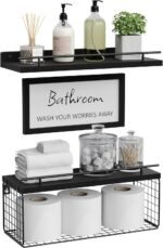 WOPITUES Floating Shelves for Wall Decor Sign, Bathroom Organizers and Storage, Bathroom Shelves Over Toilet with Metal Guardrail-Black - Image 2