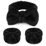 WSYUB Makeup Headbands, 1pcs Black Spa Headband Fluffy Bow Tie Headband Microfiber Face, and 2Pcs Wrist Spa Wash Band Absorbent Wristbands, for Washing Face Skin Care - Image 2