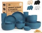 Wheat Straw Dinnerware Sets for 8, Unbreakable Bowl and Plate Set 40 Piece, Reusable Plastic Dish Sets for 8, Microwave and Dishwahser Safe Dining Set, Apartment and Kitchen Essentials - Blue - Image 2