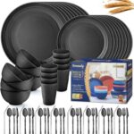 Wheat Straw Dinnerware Sets,64-Piece Black Plates and Bowls Sets for 8-Unbreakable,Reusable Plastic Dish Set-Dinner Plate/Dessert Plate/Cereal Bowl/Cup/Utensils-Microwavable Dishwasher Safe 64P-BLACK - Image 2