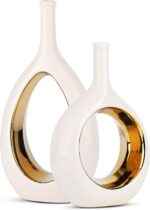 White and Gold Vase Ceramic White Vases Home Decor,Modern Minimalist Circle with Hole Decorative Vase, Hollow Ellipse Flower vases for Bookshelf, Fireplace Mantle, Centerpieces,Farmhouse,Rustic Décor - Image 2