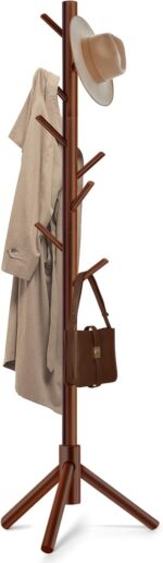 Wooden Coat Rack Freestanding with 8 Hooks & 3 Adjustable Sizes for Clothes, Space-Saving Design for Bedroom Office Entrance Holds Hats Coats Scarves Bags - Image 2