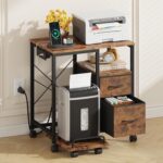 YAOHUOO Printer Stand with Power Outlet/Fabric Drawers, Printer Cabinet with Storage Shelf and Rolling Shredder Stand, Printer Table for Home Office, 22.8"×15" Rustic Brown - Image 2