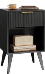 YAUKOMEL Fluted Night Stand with Opening Storage,Mid Century Bedside Table with Drawer,Black Nightstand with Wood Legs,End Table Side Table for Living Room,Bedroom,11.8" Dx15.7 Wx 25.2" H CTG56BK - Image 2