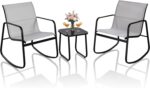 YITAHOME 3 Piece Patio Furniture Set, Small Outdoor Conversation Set with Textilene Fabric Bistro Rocking Chairs and Glass Table for Balcony Backyard Lawn Porch Garden Poolside (Grey) - Image 2