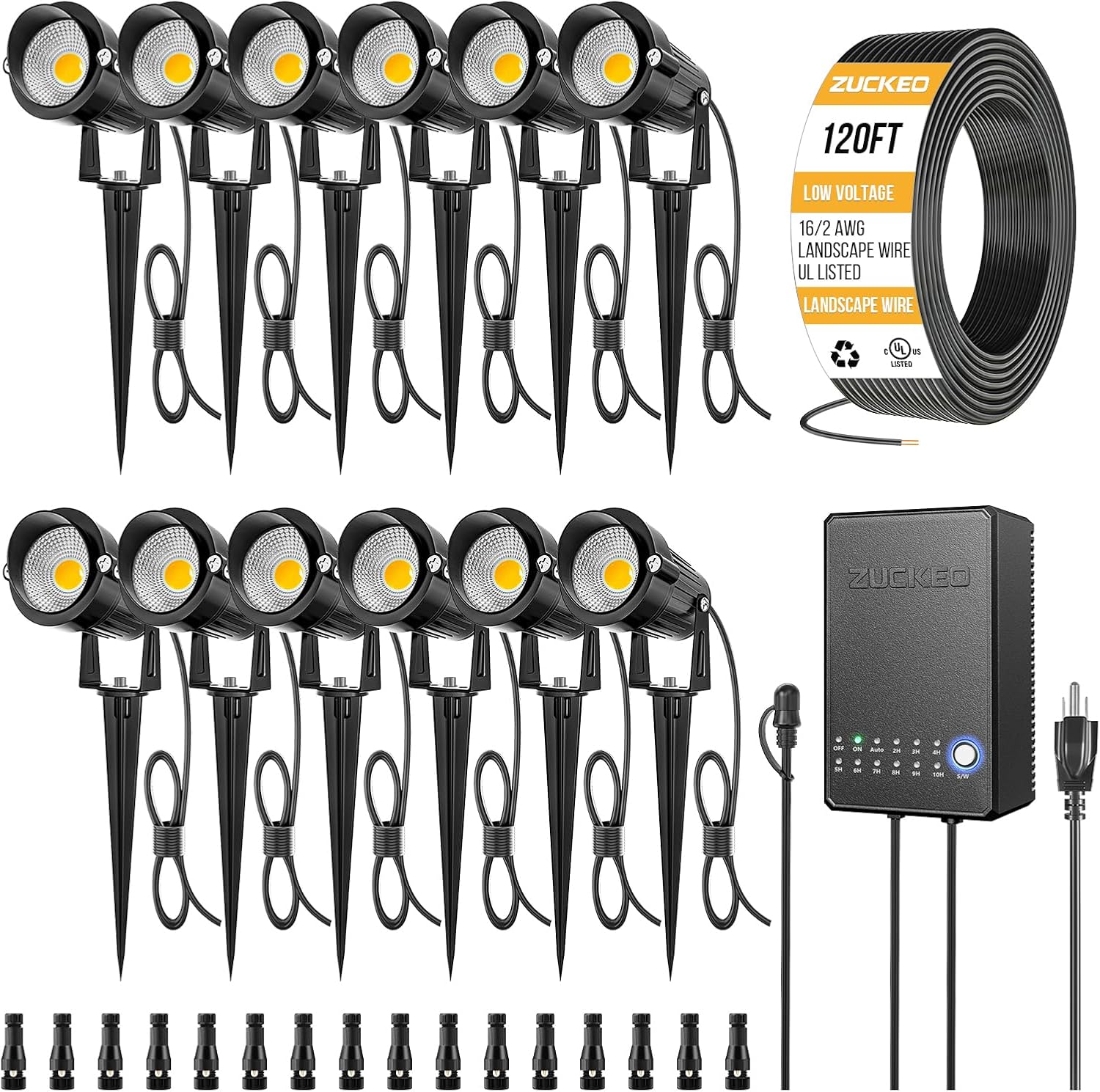 ZUCKEO All-in-One Low Voltage Landscape Lighting Kit, 5W LED Landscape Lights with Transformer, 120FT Wire and Connectors, Waterproof Outdoor Spotlight for Yard Garden House, 3000K 12V-24V, 12Pack - Image 2