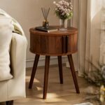ZttRiee Side Table with Sliding Door & Cabinet, End Table for Living Room, Night Stand for Bedroom, Modern Bedside Table with Solid Wood Legs, Walnut - Image 2